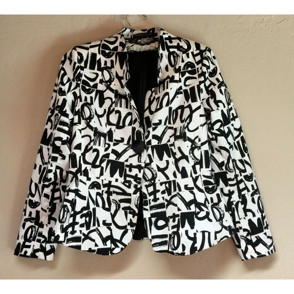 Robert Kitchen Canada Womens 4 White Black Print One-Button Blazer Jacket Casual